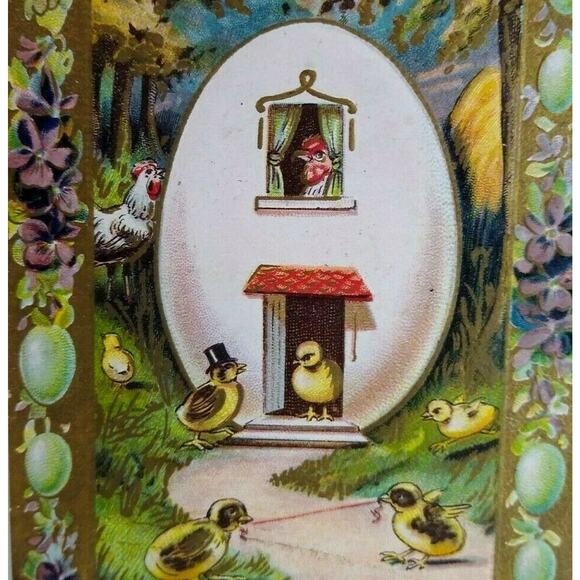 Easter Postcard Humanized Chicks Living In Giant Egg House Fantasy Germany 2142 - Picture 1 of 4